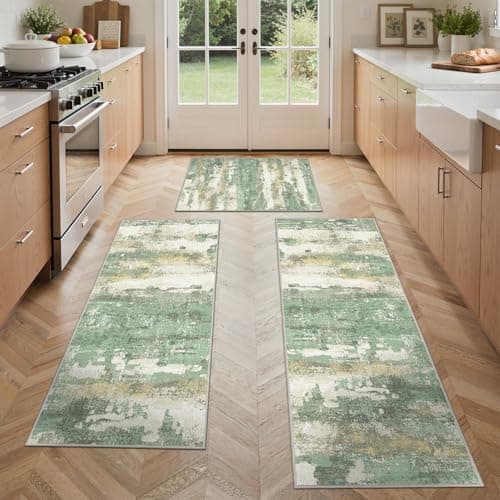 GENIMO Kitchen Rug Sets of 3, Non-Slip Washable Low-Pile Kitchen Mats for Floor, Waterproof Abstract Kitchen Runner Rug, Floor Mat Carpet for Hallway, Laundry, Sink, Entryway, Bathroom, Green