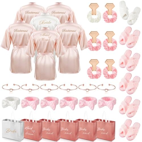 Shyyween 36 Pcs Bride Bridesmaid Robes Set of 6 Bridal Party Silk Satin Robes for Wedding Bachelorette Party Gifts(White,Pink)