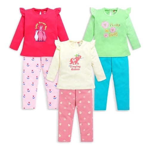 LuvLap Baby Girls 100% Cotton Full Sleeve Girls Top & Pyjama CoSets Pack of 3, Coral Red, Off White & Paradise Green, XL (12 to 18 Months)
