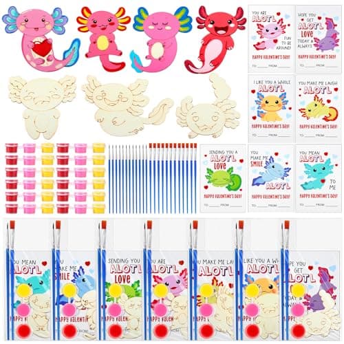 Leinuosen 28 Sets Valentines Day Axolotl Party Favors Wood Painting Craft Kits with DIY Art Supplies and Cards for Birthday Party Goodie Bag Fillers Prizes Exchange