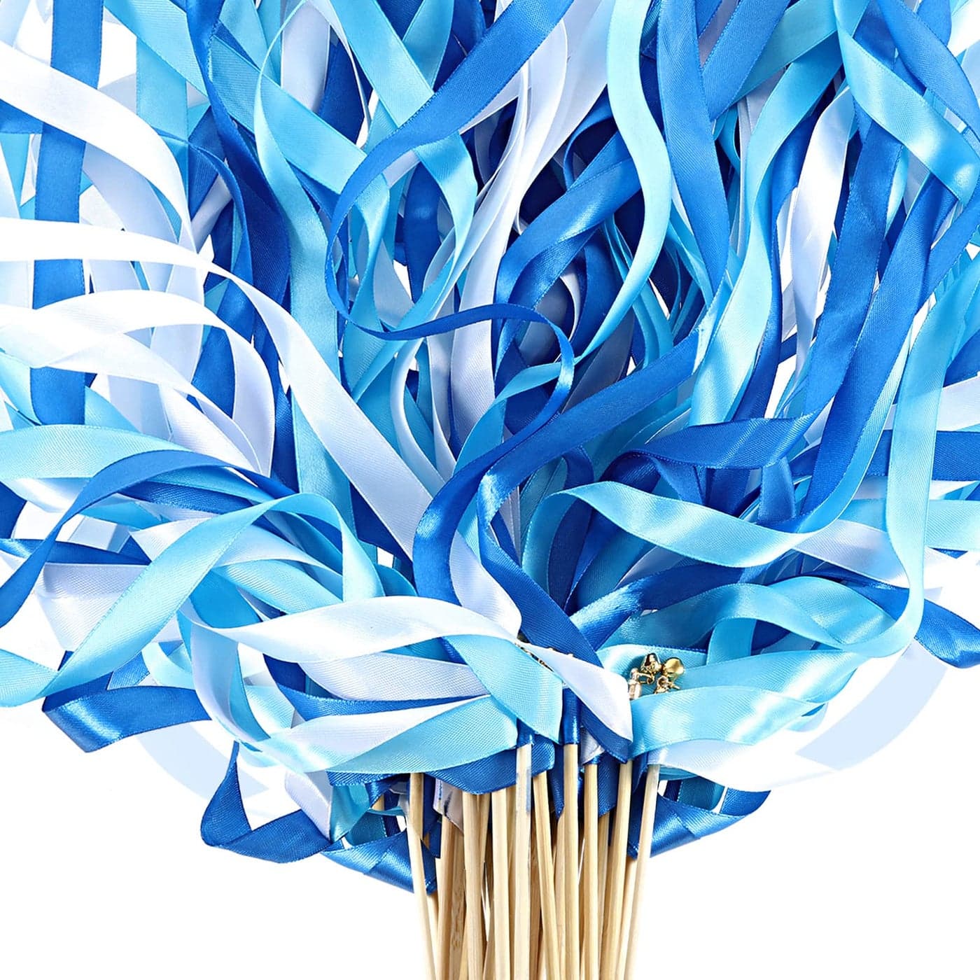 Chalyna 100 Pieces Lace Ribbon Wedding Sticks Colorful Ribbon Streamers Party Streamers with Bells Silk Fairy Stick Wands for Wedding Party Holiday ActivitiesBlue Light Blue White