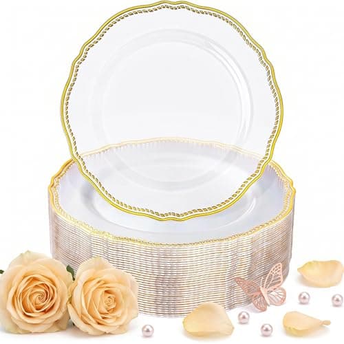 Hioasis 60pcs Clear Plastic Plates - Clear and Gold Disposable Dinnerware with Gold Rim, Heavy-duty, 7.5 inch, Dessert Plates for Party & Wedding