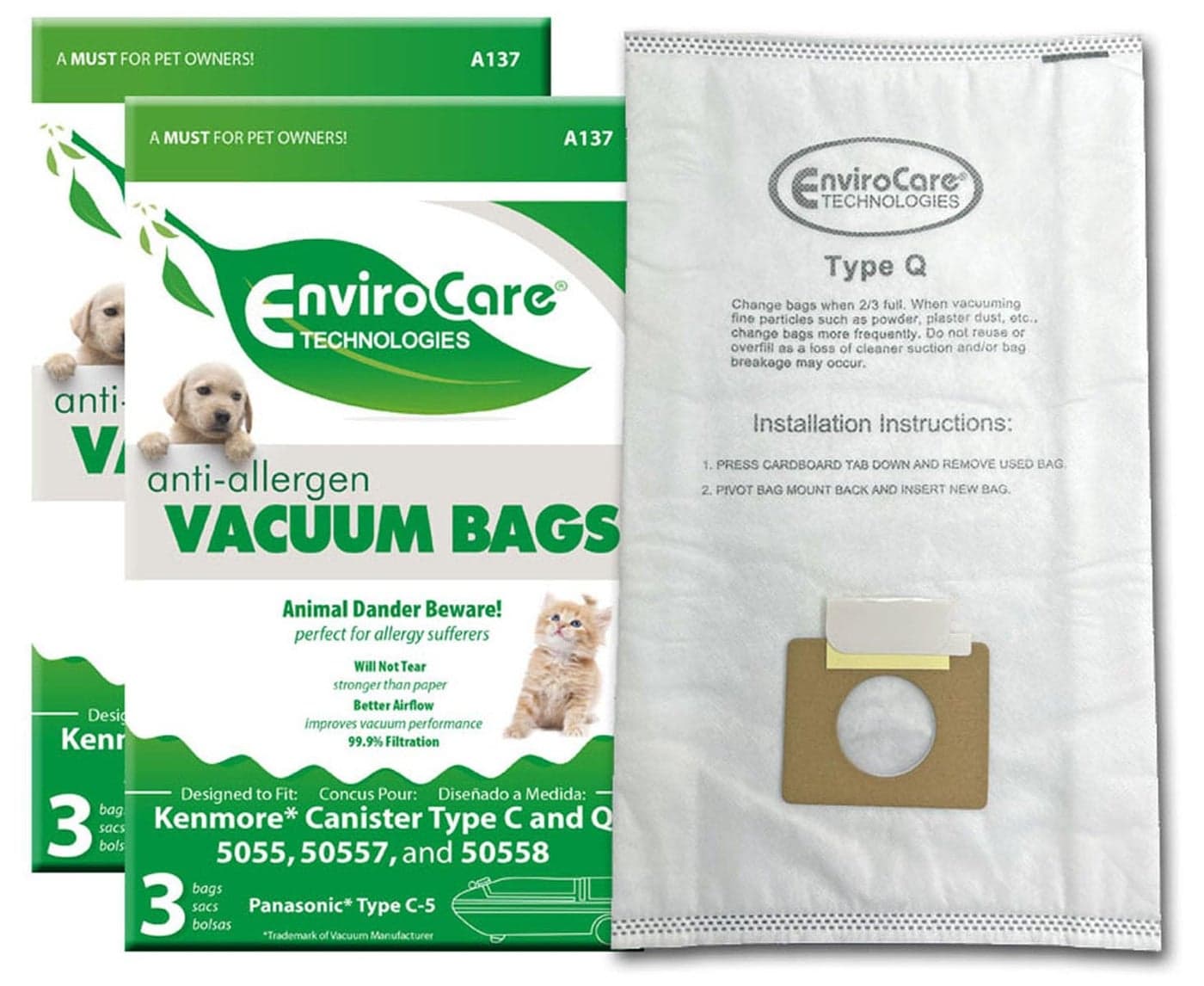 Envirocare Replacement Allergen Vacuum Bags for Kenmore Canister Type C and Q 50555, 50558, 50557 and Panasonic Type C-5 6 pack