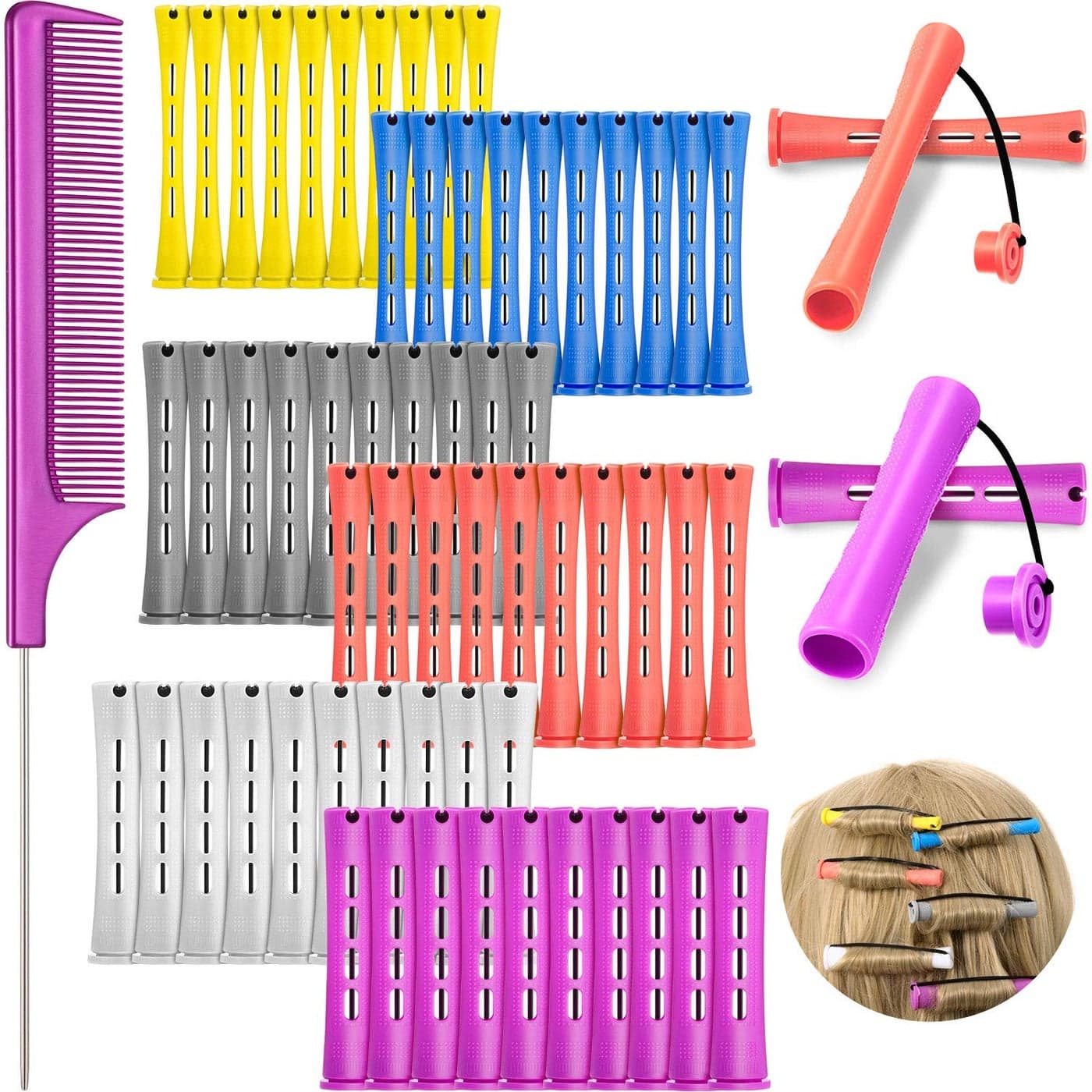 WILLBOND 60 Pieces Hair Perm Rods Set Plastic Perming Rods Cold Wave Rods Hair Curling Rollers with Tail Comb Steel Pintail Hair Comb for Hairdressing Hair Styling Soft ColorMulti Sizes