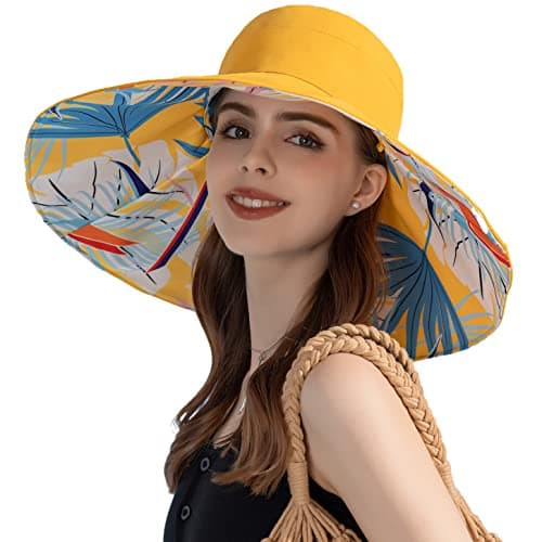 HUAMULAN Women Wide Brim Summer Sun Hat Floral Beach Fishing Bucket Hats Reversible Foldable Travel UV Protection