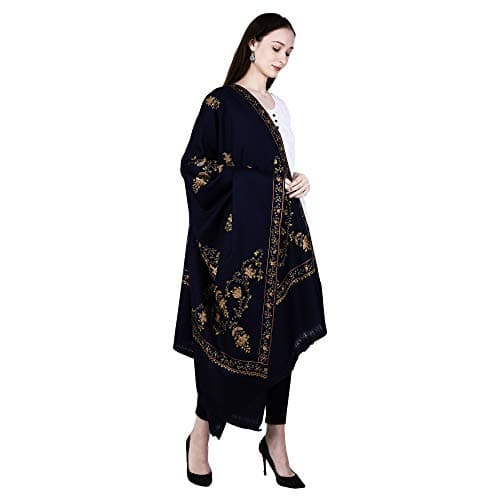 SWI WITH LABEL Women's Kashmiri Hand Embroidered Pure Wool Shawl (153_Navy Blue_Free Size)