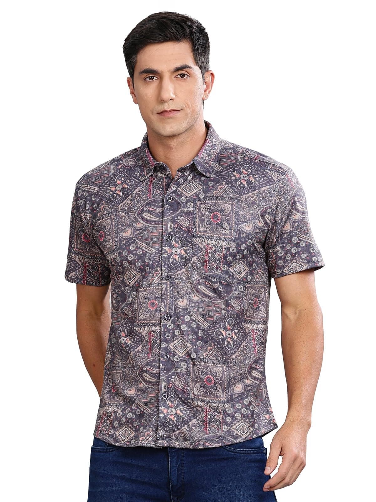 BULLMER Trendy Regular Fit Printed Half Sleeve Shirt for Men Grey2 Small
