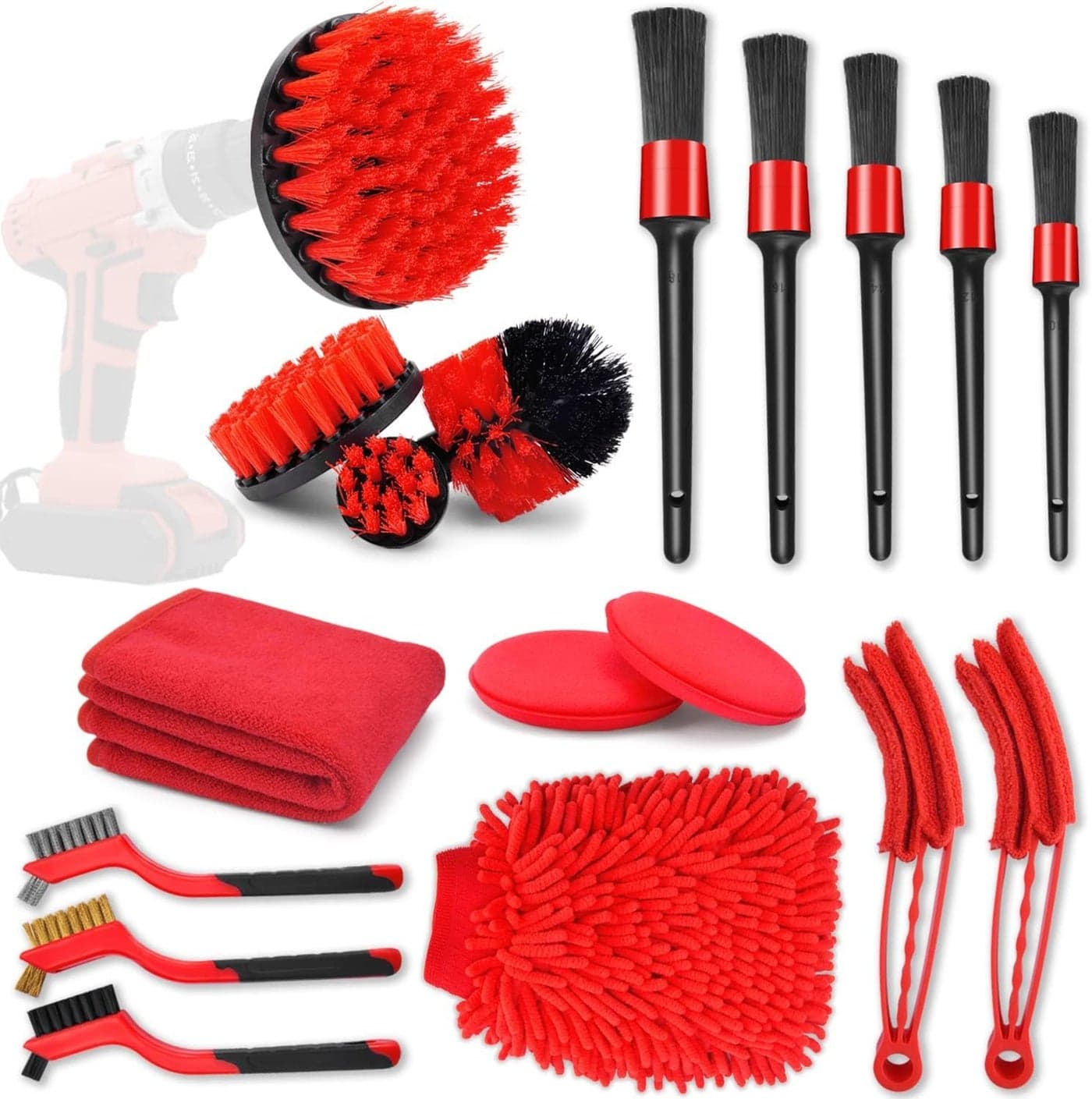 19Pcs Car Detailing Kit, Car Detailing Brush Set, Auto Detailing Drill Brush Set, Car Detailing Brushes, Car Wash Kit, Car Accessories, Car Cleaning Tools Kit for Interior, Exterior, Wheels