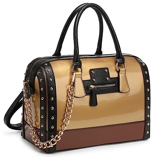 Dasein Women's Barrel Bag Shiny Patent Faux Leather Handbag with Rivet Decoration Top Handle Satchel Shoulder Purse (Large Gold)