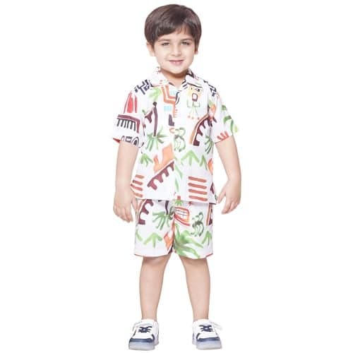 AJ DEZINES Kids White Color Cotton Shirt Shorts Half Sleeves Floral Printed CO-ORDS Set for Boys (CO-1002-White-1)