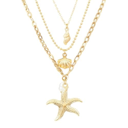 XFSAFDM Beach Jewellery For Women, Layered Necklace For Women, Shell Jewellery With Gold Finish, Elegant Three-Layer Starfish Pendant Necklace For Beach Vacations And Casual Gatherings