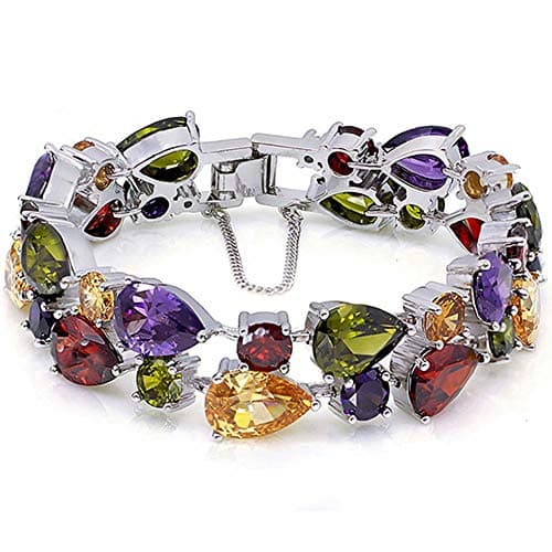 Silver Bangle Bracelets For Women Classic Fashion Bracelet with Gemstone Garnet White Topaz Amethyst Citrine Peridot Pink Topza 8 Inches
