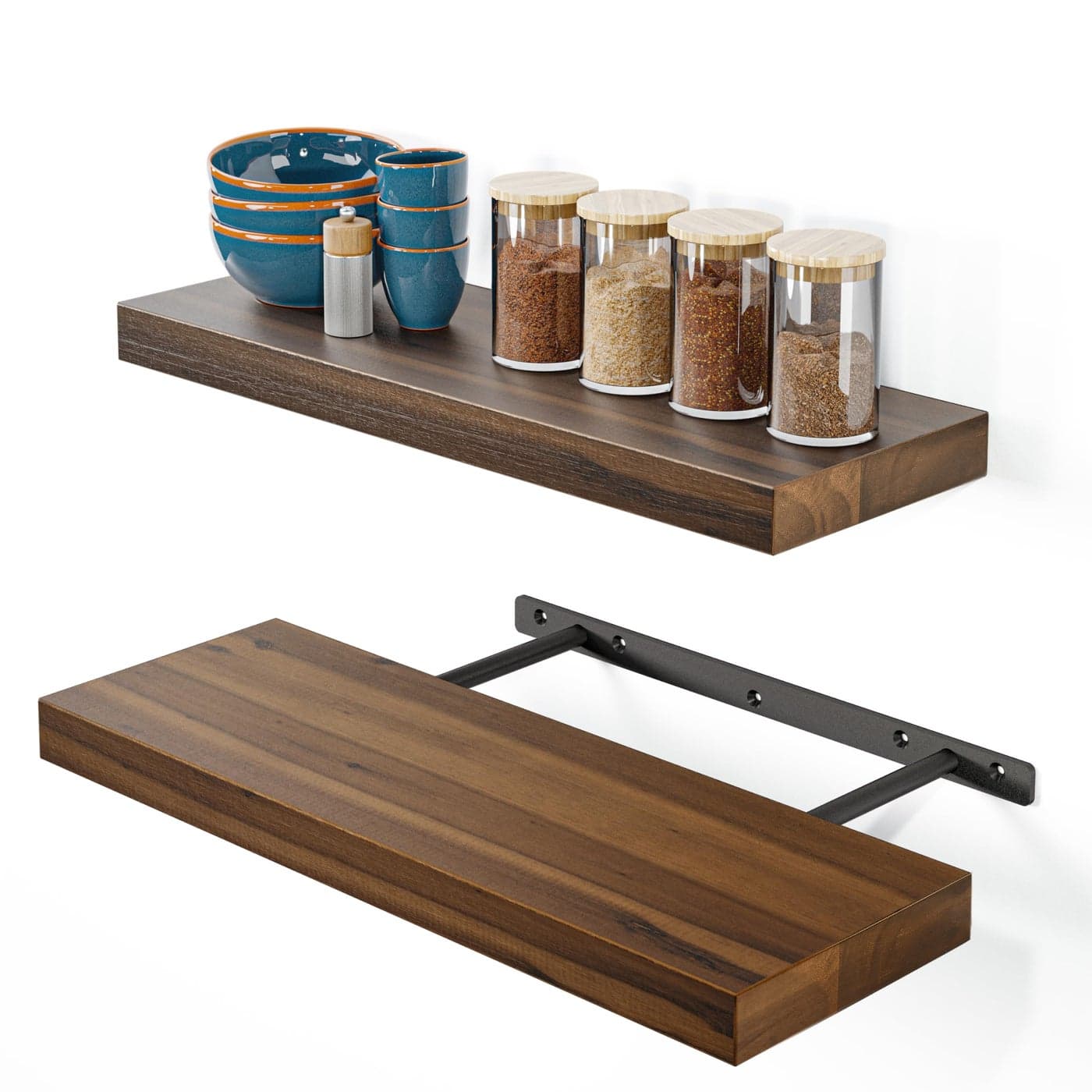 BATODA Set of 2 17 Acacia Wood Floating Shelves Wall Mounted Rustic Farmhouse Wooden Wall Storage Shelf Bedroom Kitchen Home Dcor Brackets and Shelving Mounting for DIY Walnut Color