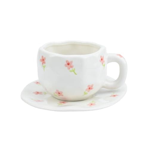 Koythin Ceramic Coffee Mug with Saucer Set, Cute Pink Small Flower Cup Unique for Office and Home, 10 oz/300 ml for Latte Tea Milk