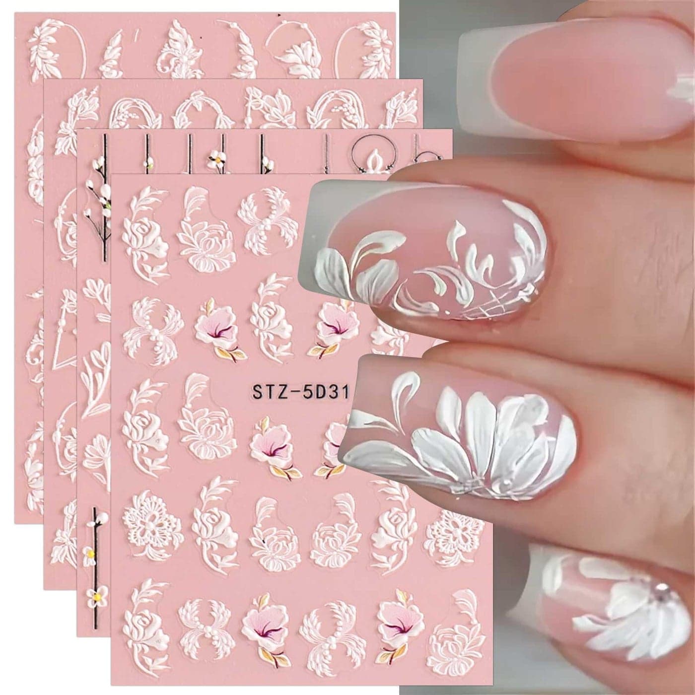 5D Spring Embossed Flower Nail Art Stickers 4 Sheets JMEOWIO Real SelfAdhesive Decals Floral Design Nail Decoration for Women Girls
