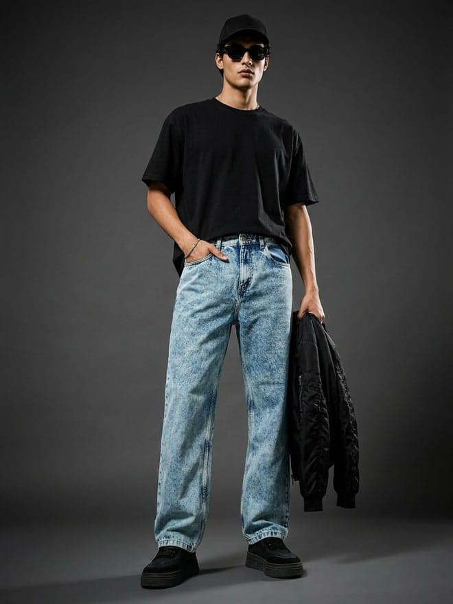 Men Light Blue Acid Wash Oversized Jeans