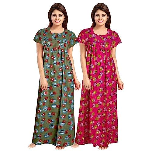 YUKATA Women's Cotton Printed Ankle Length Nighty - Free Size (Pack of 2) (Free Size, Mehandi&Rani)