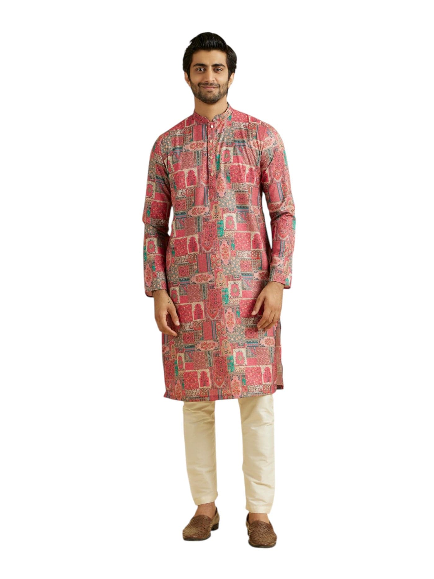 Manyavar Men's Cotton Blend Printed Kurta Pyjama Set (Coral,M)