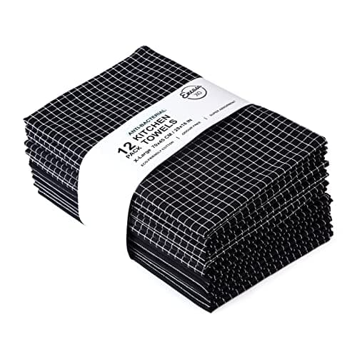 Encasa XO Kitchen Cloth for Cooking | Cotton Hand Towel for Drying Dishes | 70x45 cm Tea Towels | Highly Absorbent for Cleaning & Quick Drying of Plates & Glasses | Butcher Black (Set of 12 Pieces)