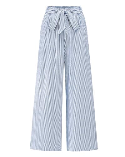 BTFBM Palazzo Pants for Women 2025 Fall Striped Flowy Tie Knot Wide Leg High Waist Dressy Casual Work Pants Trousers(Blue, Large)