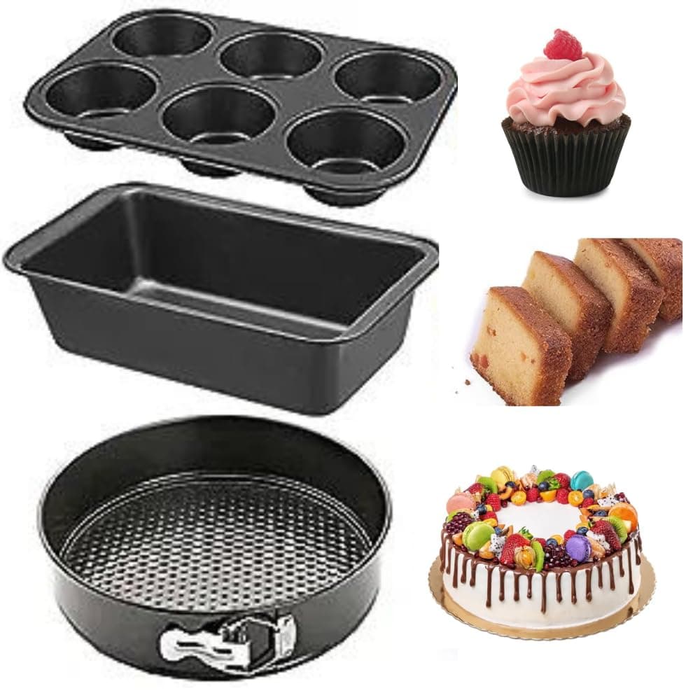 TrendyTrolley 3 Pc Cake Baking Combo Carbon Steel Non Stick Material Suitable for Microwave Oven OTGCake Tin Muffin Tray Bread Mould