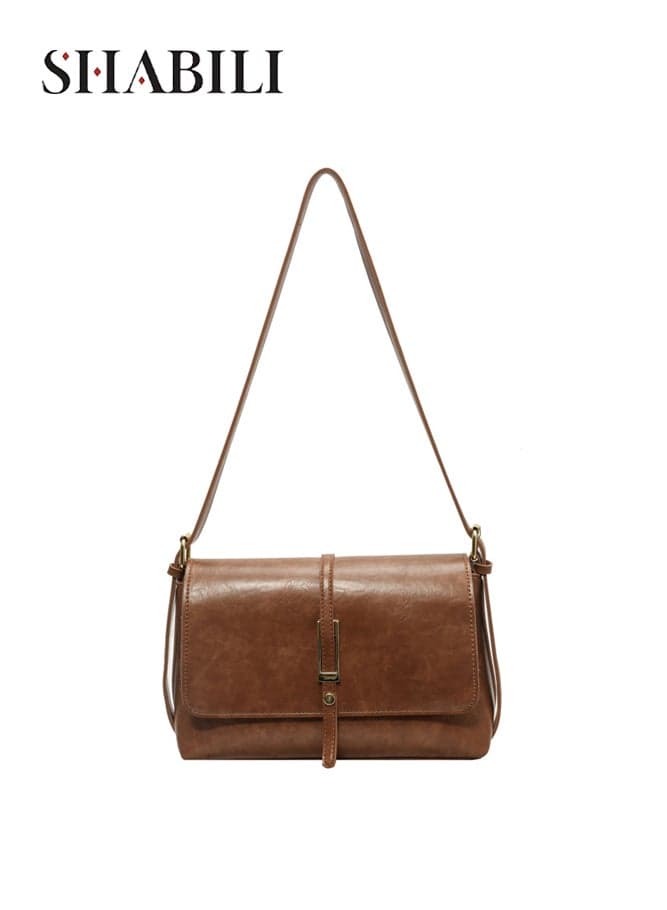 Women's Elegant Flap PU Shoulder Bag, Compact Sling Bag Ladies Handbag Crossbody Bag with Vintage Buckle Design for Daily Outings and Events, Small Crossbody Purse for Girls and Office Ladies(Brown)