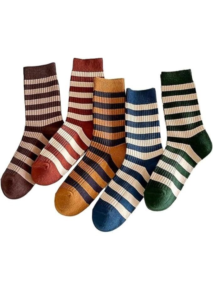 5 Pairs Retro Style Colorful Striped Socks, Cute Athletic Crew Socks for Women, Comfortable Fashion Socks for Girls, Above Ankle Crew Stretch Medium Socks for All Season