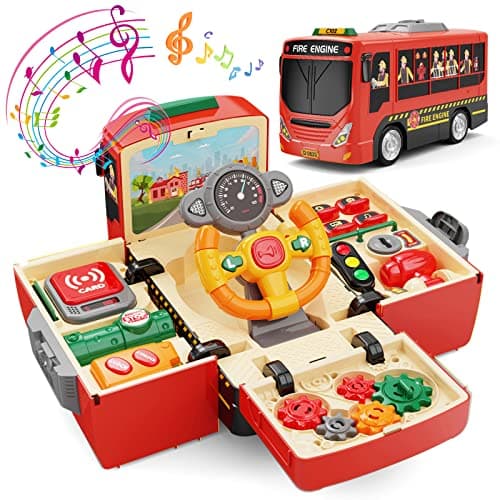 HONGTUO Fire Truck Toys with Teaching Meaning, Simulation Steering Wheel Driving Toy, Toddlers Fire Truck Toy with Sound and Light, Simulate a Rescue fire Scene,Gift for 3-5 Boys & Girls