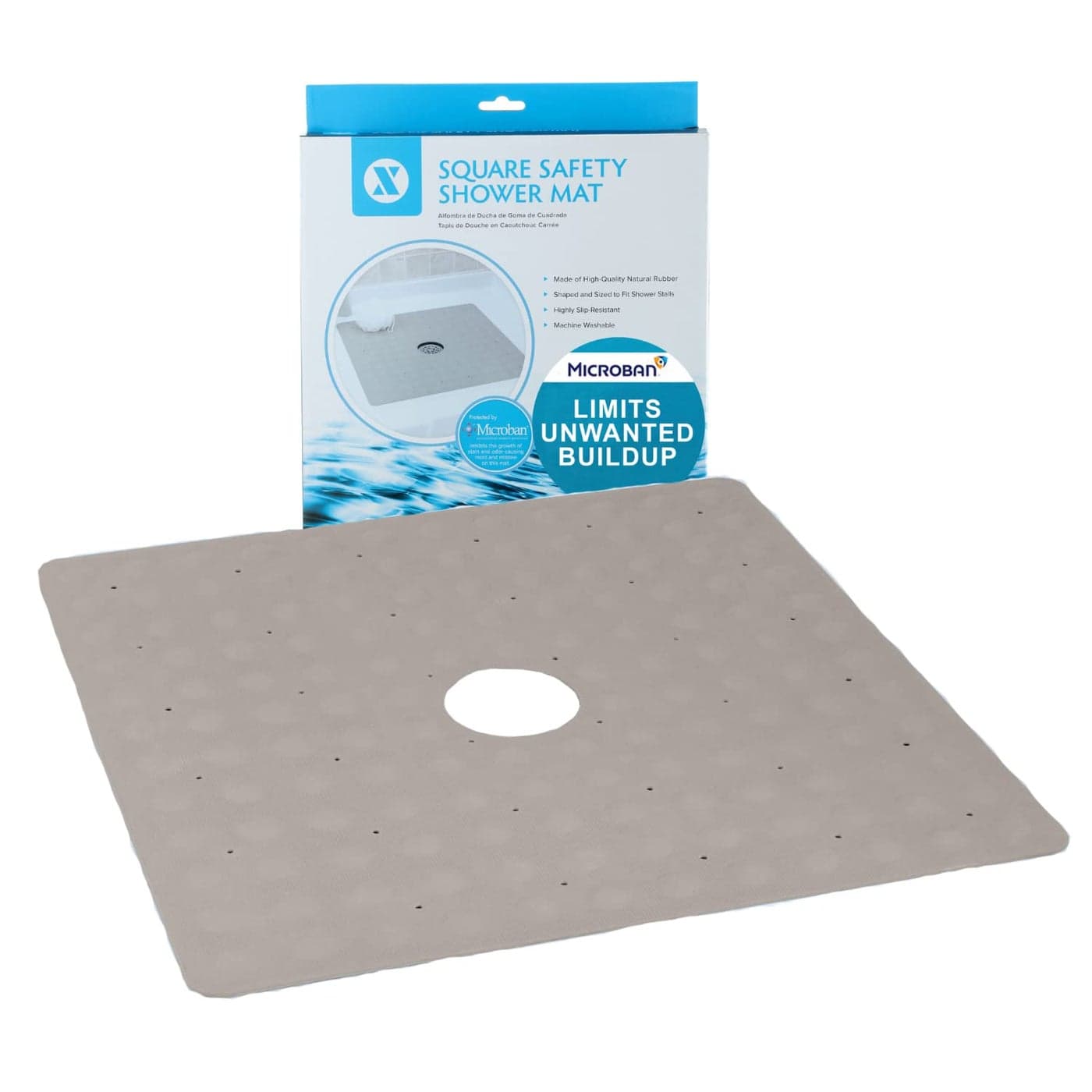 SlipX Solutions MicrobanInfused Rubber Shower Mat 21 x 21 AntiSlip Square Bath Mat w 140 Power Grip Suction Cups Tan