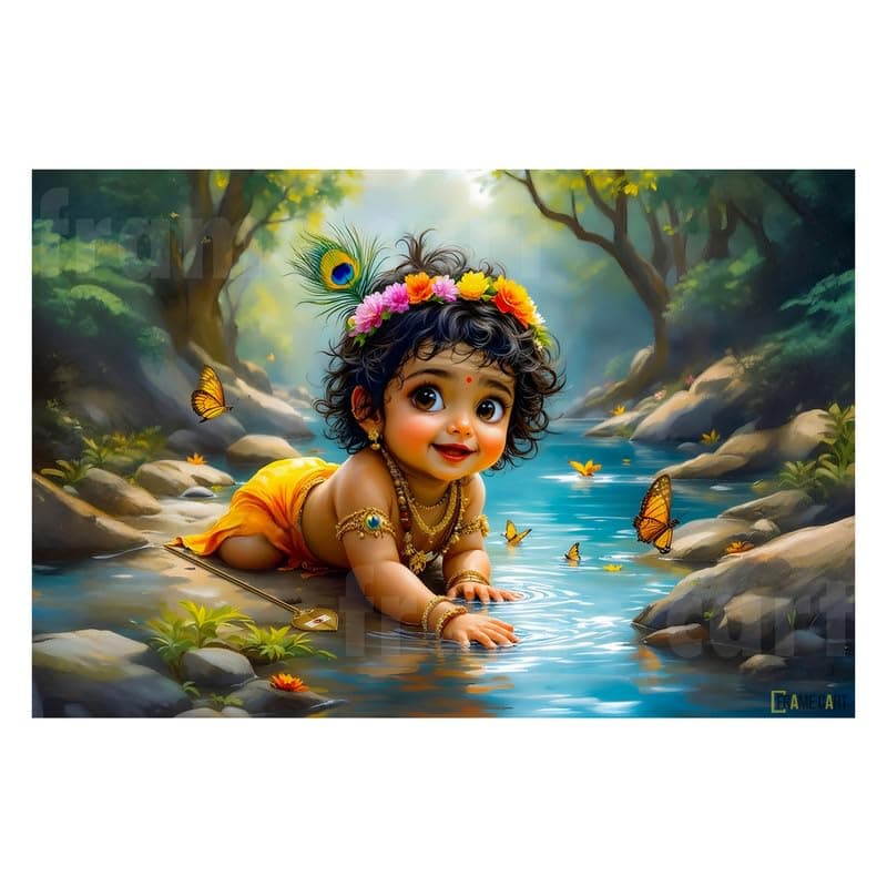 Frame Cart Baby Krishna Poster - Bal Gopal Photo | Kanha Ji Religious photo for Pregnant Women Bedroom Wall | Unframed Vinyl Poster 12x18 (Design 17)