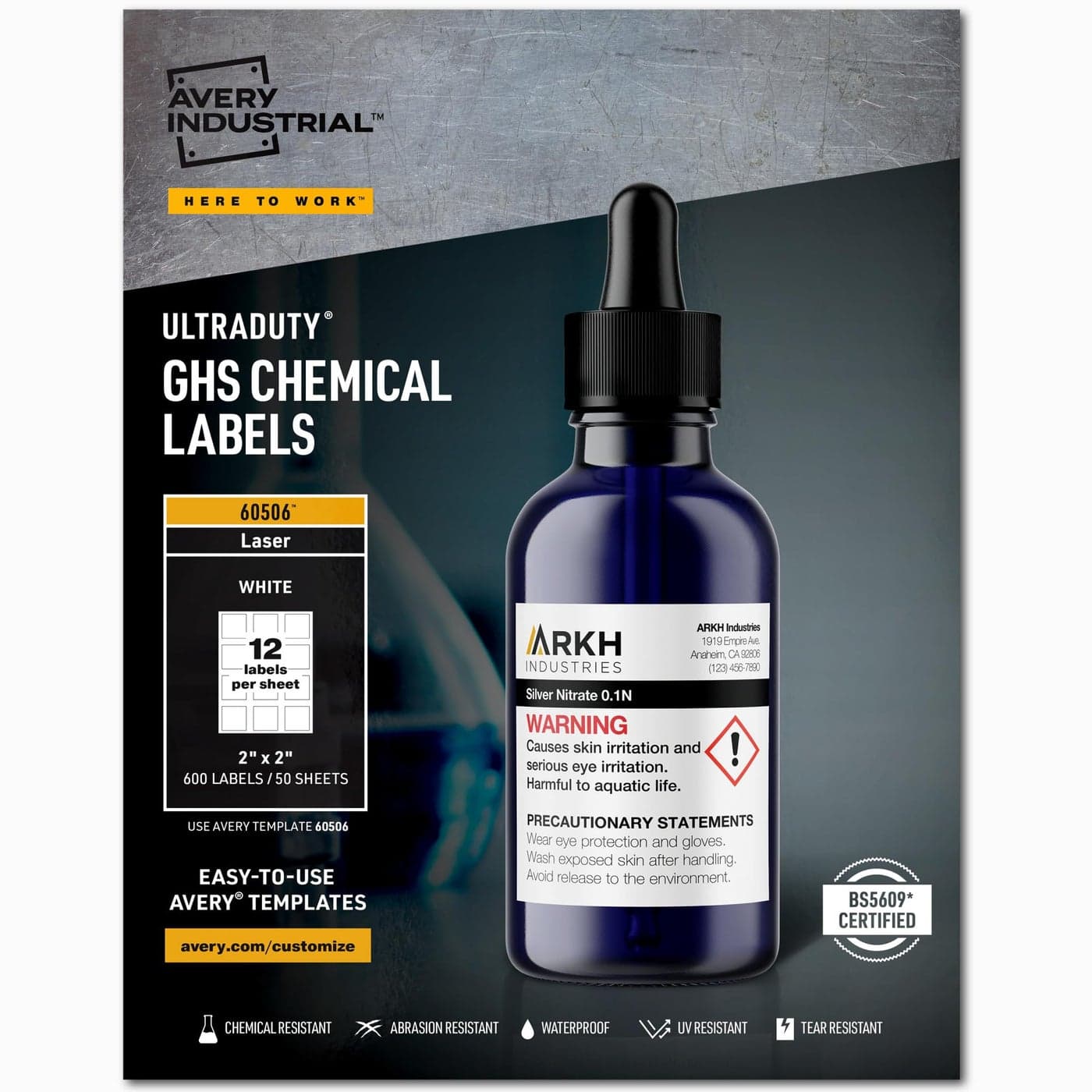 Avery UltraDuty GHS Chemical Labels for Laser Printers Waterproof UV Resistant 2 x 2 600 Pack 60506