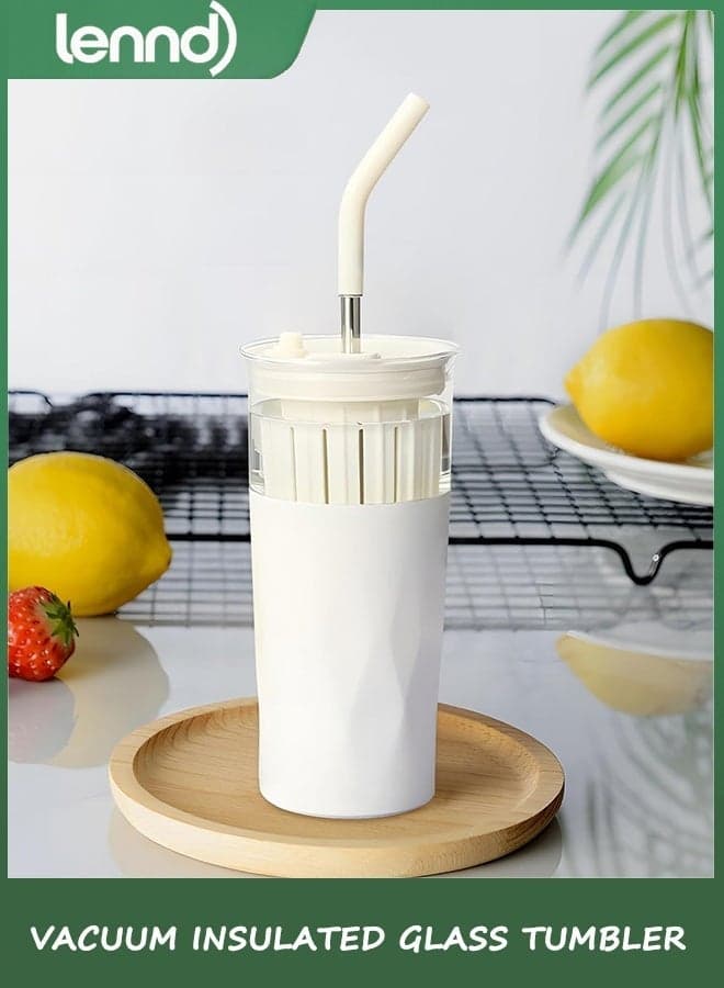 650 ml Vacuum Insulated Glass Tumbler with Lid & Extra Wide Straw - Keeps Drinks Cold for 12 Hrs - Ideal for Iced Coffee, Smoothies & Boba - Dishwasher Safe, Soft Base - Unbleached