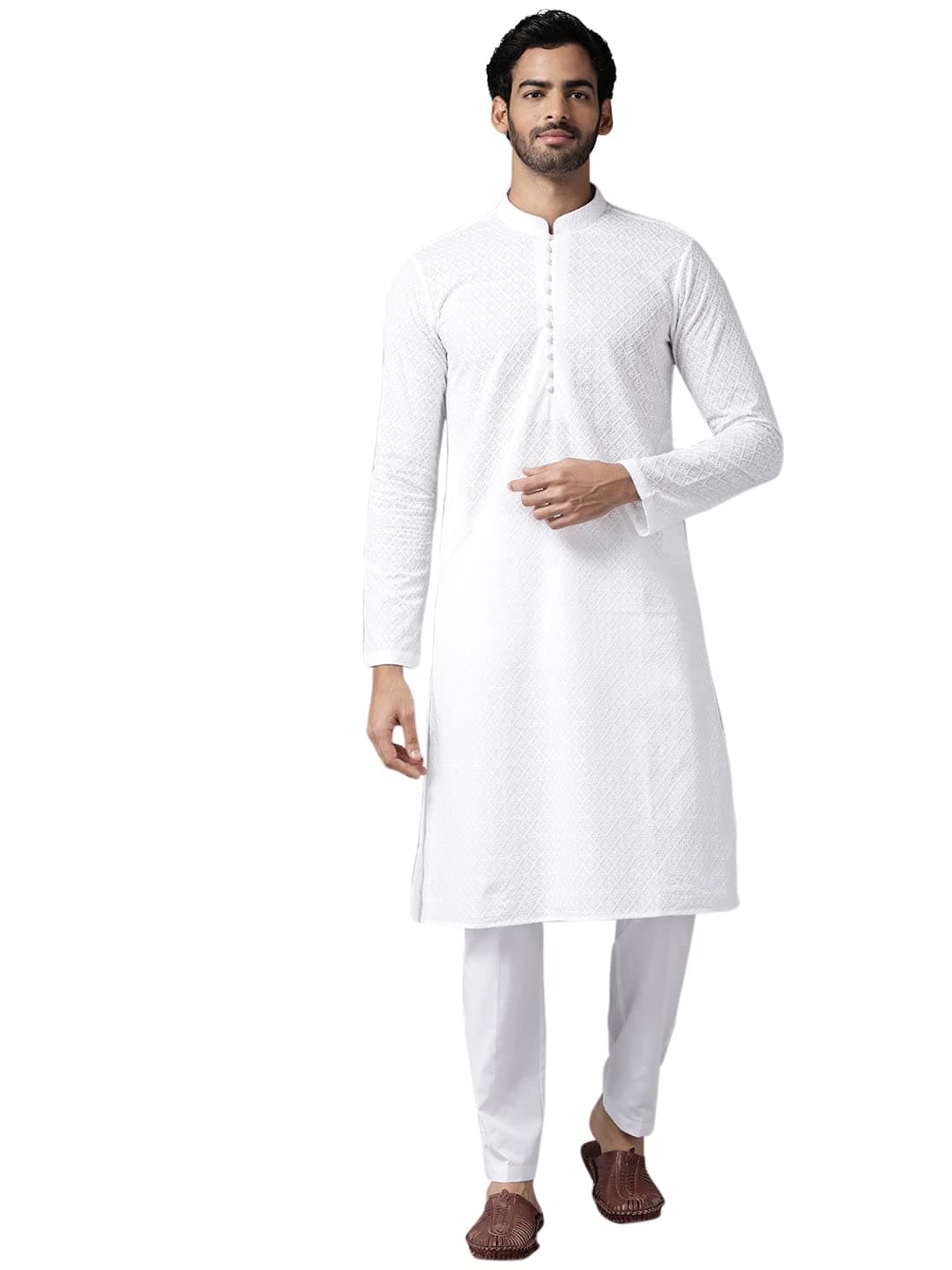 See Designs Mens Kurta |White Cotton Embroidered Mandarin Collar Chikankari Kurta | SDKT1093XXL