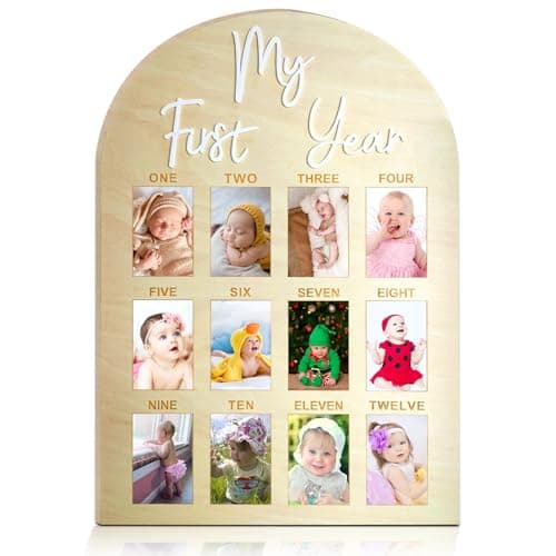 One Year Birthday Wooden Photo Board My First Year Milestone Photo Board 12 Monthly Picture Frame Baby First year Wood Acrylic Sign 1st Birthday Decorations Baby Keepsake Gift (2" x 3" photos - Wallet Size)