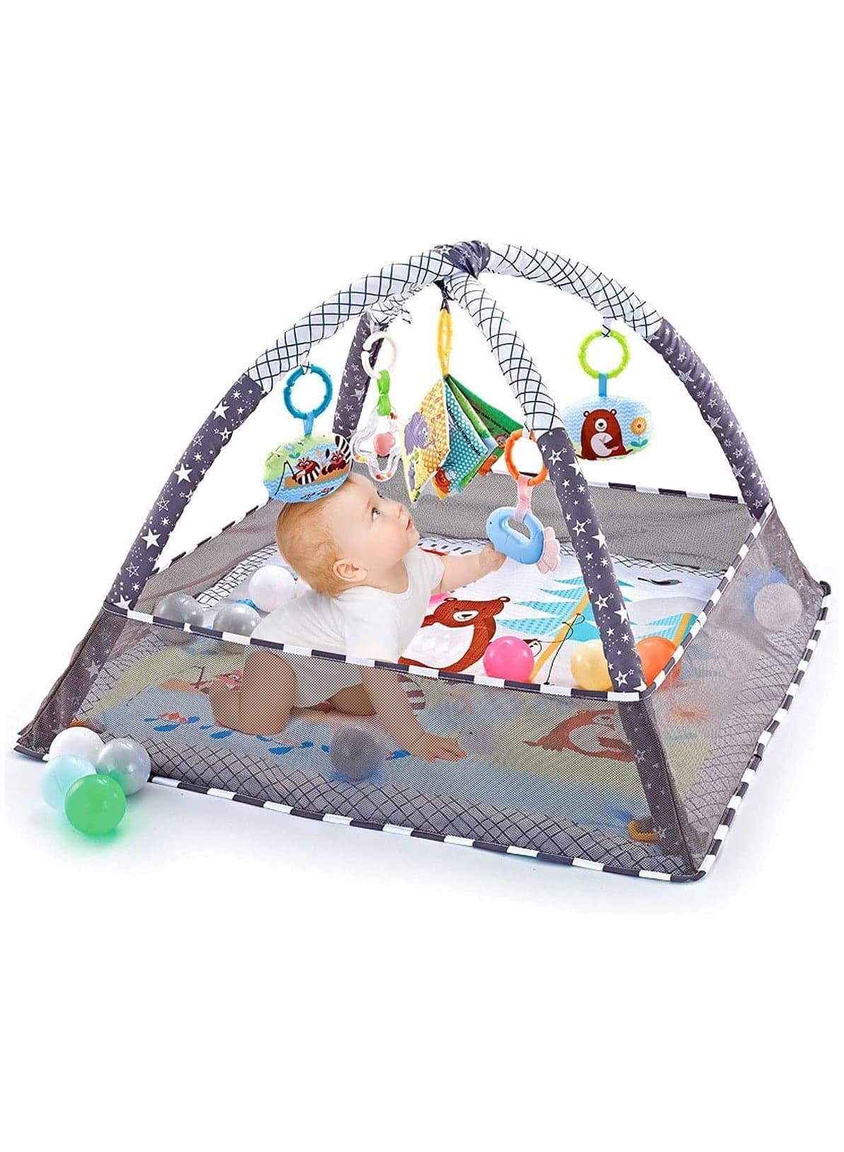 Baby Game Gym, Baby Game Mat Newborn with 5 Hanging Toys and 18 Ocean Balls, Lightweight Foam Support Washable Soft Cotton Base, Game Mat and Floor Gym for 0-24 Months