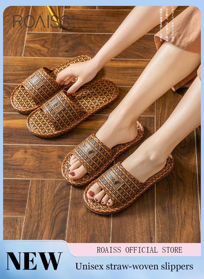 Men's and Women's Indoor Sandals Rattan and Straw Woven Indoor Home Linen Non-slip and Odor-Resistant Comfortable Soft-Soled Breathable Open-Toe Sandals Brown