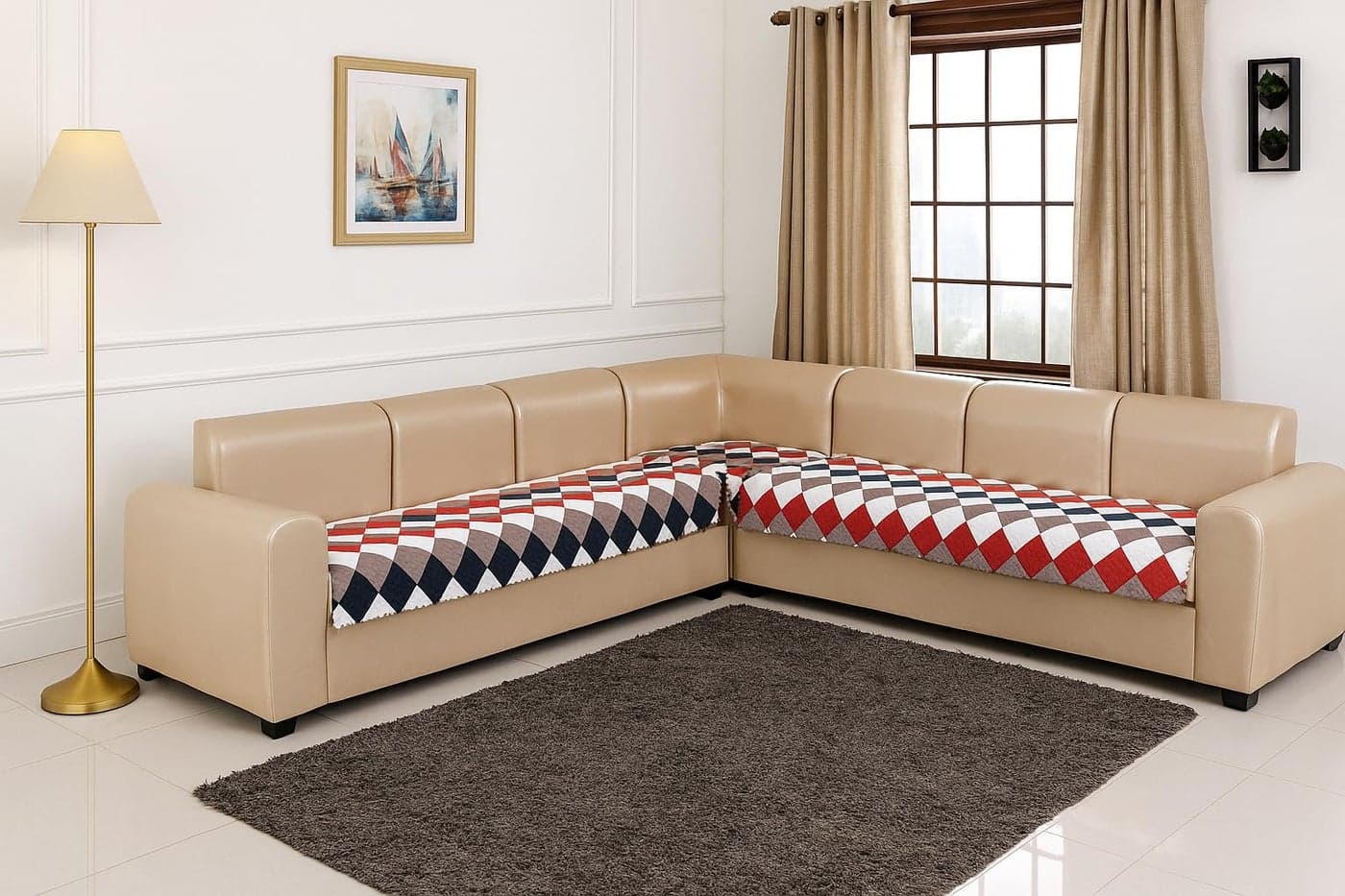 KINGLY Velvet Quilted L-Shape 7 Seater (4+3) Universal Sofa Protector Premium Non-Slip Fit Machine Washable Couch Mat for L-Shaped Sofa Set in Living Room (Navy Pink Beige 2pc Set 23x27 & 90x27)