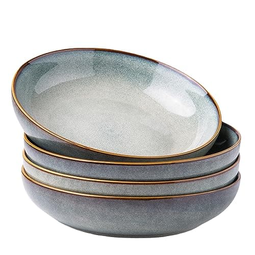 AmorArc 8.5'' Large Ceramic Pasta Bowls, 36oz Stoneware Pasta Serving Bowls Set of 4 for Kitchen, Wide Bowls for Pasta,Salad,Oatmeal, Microwave Safe, Reactive Glaze-Ocean