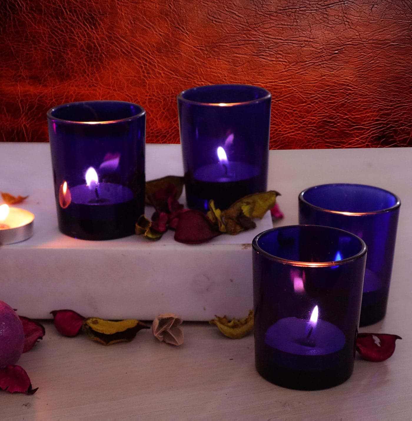 Pure Source India Glass Votive Tealight Candle Holder for Diwali Gift, Birthday, Weeding, Party & Home Décor (Set of 4 pcs - Blue)
