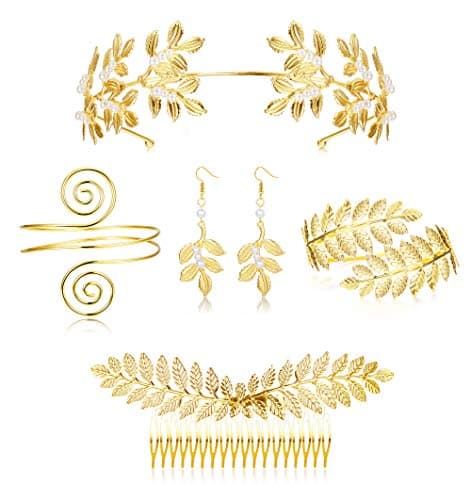 LOYALLOOK 5Sets Grecian Goddess Costume Accessories Set Greek Leaf Headband Coil Bracelet Artificial Pearl Earrings Golden Leaves Bridal Hair Comb for Women Wedding Party