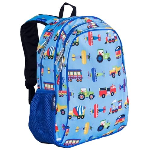 Wildkin 15-inch Kids Backpack – Durable, Padded, Adjustable for School & Travel - Trains, Planes, and Trucks
