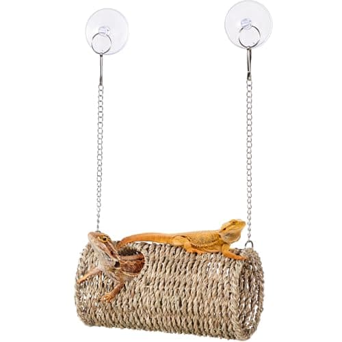 CroBlissful Reptile Hide Cave Hollow Cave Hideout with 2 Pcs Suction Cup and Chain Gecko Hide Reptile Tank Decor Seagrass Fiber Climbing Toy for Lizard Snake Hermit Crab(Long Cylindrical,Pale Yellow)