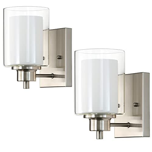Eietonte 2 Pack Bath Vanity Light Fixtures 1-Light, Indoor Brushed Nickel Wall Light with Dual Glass Shade, Modern Bathroom Wall Scone Lighting, Vintage E26 Base Wall Mount Lamp for Bedroom