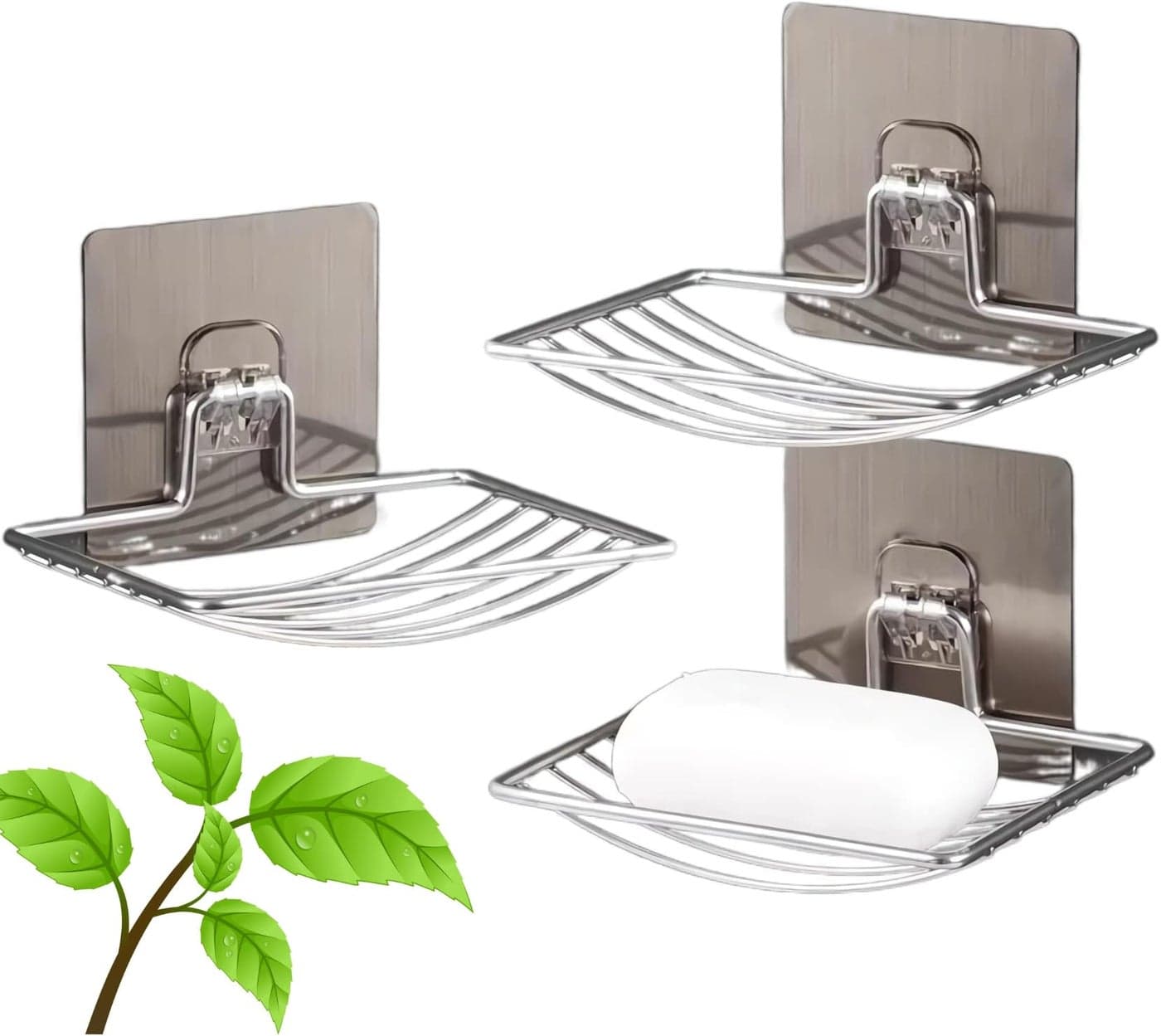 Style Keepers 2Pcs Soap Holder Set Single Layer Stand for home With Self Adhesive Sticker Storage Rack Hanging Waterproof Dish Box Case Self Draining Stickable - Stainless Steel Silver Chorme (2)
