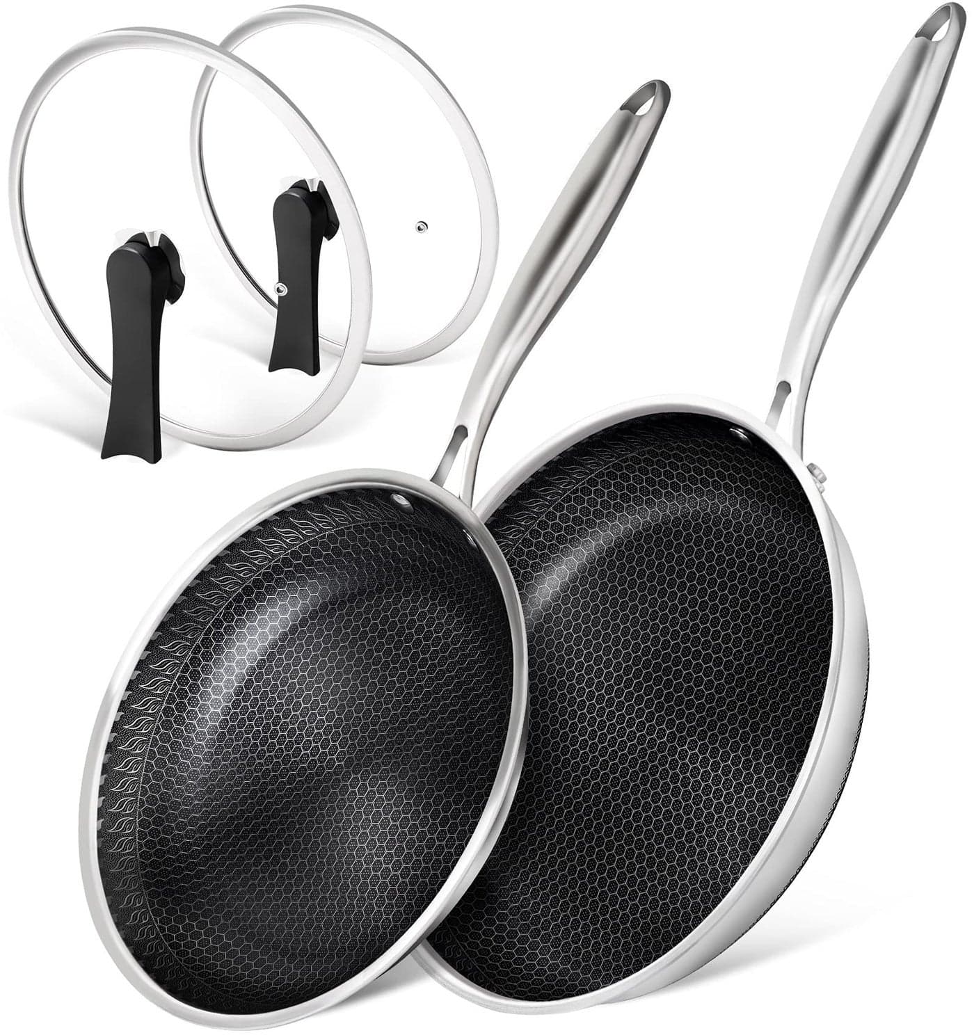 MICHELANGELO Stainless Steel Frying Pan Set with Lids 95 11 Inch Frying Pans Nonstick Stainless Steel Fry Pan Set Honeycomb Pans for Cooking Skillet with Lid Induction Compatible