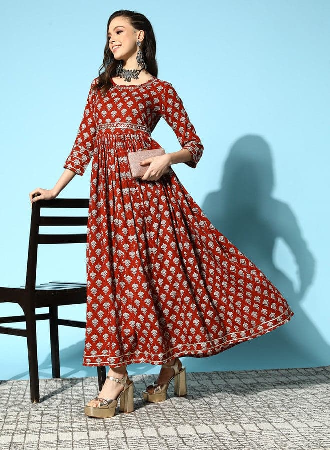 Women Floral Print Ethnic Empire Maxi Dress With Embellished Belt