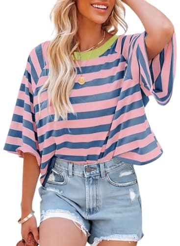 Dokotoo Summer Womens Tops for Women Cute Crop Tops 2025 Fall Striped Short Sleeve Shirts Women's Clothes Clothing Blouses Dressy Casual Fashion Trendy Oversized Tshirts Tee Cruise Outfits