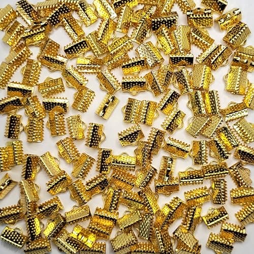 INDIKONB Fold-Over Crimp Cord Ends | Golden Ribbon Clamp Tips Jewelry Connectors for DIY Jewelry Making | Pack of 50