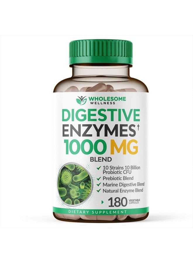 Digestive Enzymes 1000MG Plus Prebiotics & Probiotics Supplement, 180 Capsules, Organic Plant-Based Vegan Formula for Digestion & Lactose with Amylase & Bromelain,1-2 Month Supply