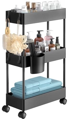 Pipishell Slim Storage Cart with Wheels - 3 Tier Bathroom Organizers and Storage Cart - Rolling Carts for Bathroom, Kitchen, Narrow Space, Laundry Room,Black